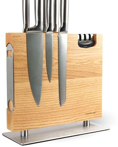holz4home® Magnet-Messerblock aus Eichenholz I Messerhalter mit Fuß aus Edelstahl, inkl. Messerschärfer & Flaschenöffner