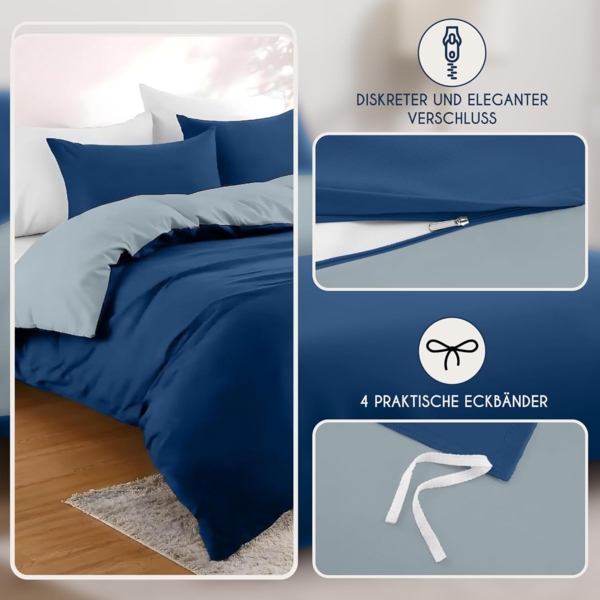 Dreamzie - Bettwäsche Set 200x200 cm mit 2 Kissenbezügen 50x70 cm Dunkelblau/Blaugrau - 1 Bettbezug 200x200 aus 100% Mikrofaser - Zertifiziert ohne Chemikalien (Oeko TEX) Bild 3