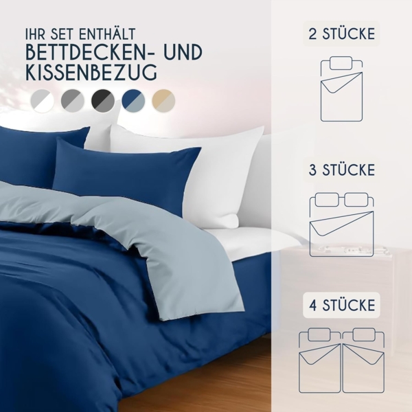 Dreamzie - Bettwäsche Set 200x200 cm mit 2 Kissenbezügen 50x70 cm Dunkelblau/Blaugrau - 1 Bettbezug 200x200 aus 100% Mikrofaser - Zertifiziert ohne Chemikalien (Oeko TEX) Bild 6