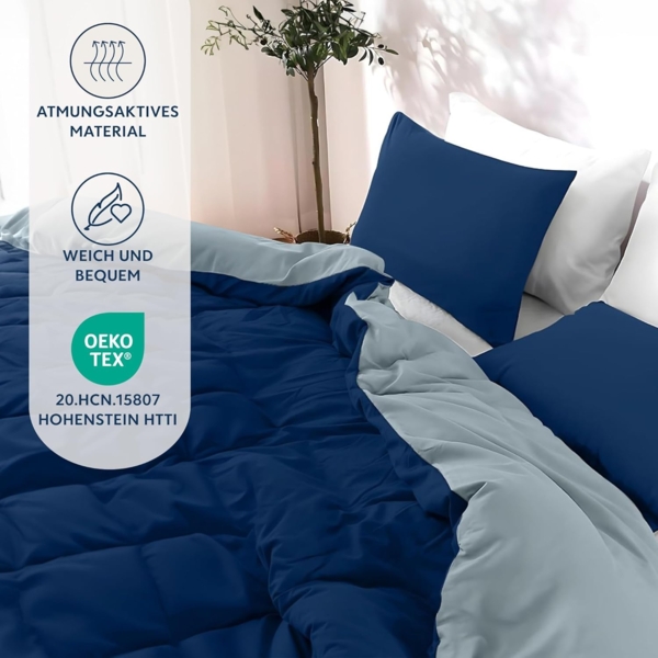 Dreamzie - Bettwäsche Set 200x200 cm mit 2 Kissenbezügen 50x70 cm Dunkelblau/Blaugrau - 1 Bettbezug 200x200 aus 100% Mikrofaser - Zertifiziert ohne Chemikalien (Oeko TEX) Bild 2