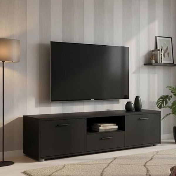 Dmora - Fernsehschrank Fernande, Ständer für Wohnzimmerfernseher, Niedriges Wohnzimmer-Sideboard, TV-Ständerbasis, 147x40 h38 cm, Schwarz