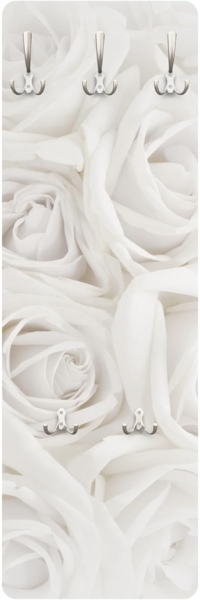 Bilderdepot24 Garderobenpaneel weiss Blumen Floral Liebe Weiße Rosen Design (ausgefallenes Flur Wandpaneel mit Garderobenhaken Kleiderhaken hängend), moderne Wandgarderobe - Flurgarderobe im schmalen Hakenpaneel Design