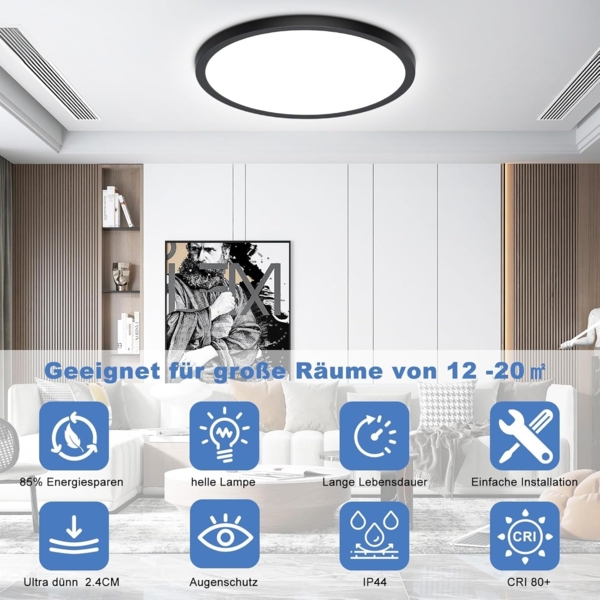 Deckenlampe Schwarz LED Deckenleuchte Flach, Ø30CM 24W 2400LM Lampe Decke Wohnzimmerlampe IP44 Kaltweiß 6500K Modern Küchenlampe für Wohnzimmer Schlafzimmer Badezimmer Kinderzimmer Balkon Flur Keller Bild 2