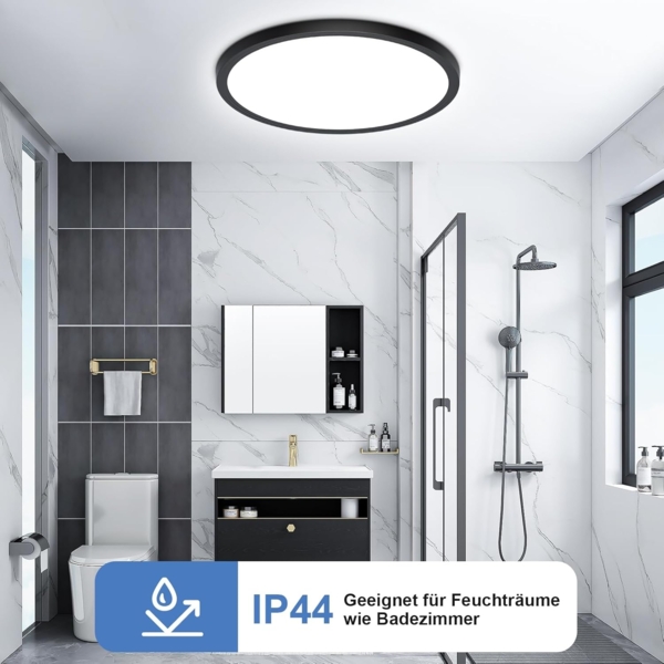 Deckenlampe Schwarz LED Deckenleuchte Flach, Ø30CM 24W 2400LM Lampe Decke Wohnzimmerlampe IP44 Kaltweiß 6500K Modern Küchenlampe für Wohnzimmer Schlafzimmer Badezimmer Kinderzimmer Balkon Flur Keller Bild 3