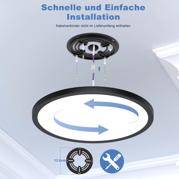 Deckenlampe Schwarz LED Deckenleuchte Flach, Ø30CM 24W 2400LM Lampe Decke Wohnzimmerlampe IP44 Kaltweiß 6500K Modern Küchenlampe für Wohnzimmer Schlafzimmer Badezimmer Kinderzimmer Balkon Flur Keller Bild 8