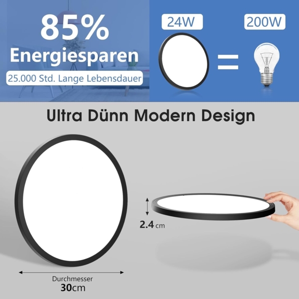 Deckenlampe Schwarz LED Deckenleuchte Flach, Ø30CM 24W 2400LM Lampe Decke Wohnzimmerlampe IP44 Kaltweiß 6500K Modern Küchenlampe für Wohnzimmer Schlafzimmer Badezimmer Kinderzimmer Balkon Flur Keller Bild 5
