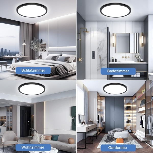 Deckenlampe Schwarz LED Deckenleuchte Flach, Ø30CM 24W 2400LM Lampe Decke Wohnzimmerlampe IP44 Kaltweiß 6500K Modern Küchenlampe für Wohnzimmer Schlafzimmer Badezimmer Kinderzimmer Balkon Flur Keller Bild 7