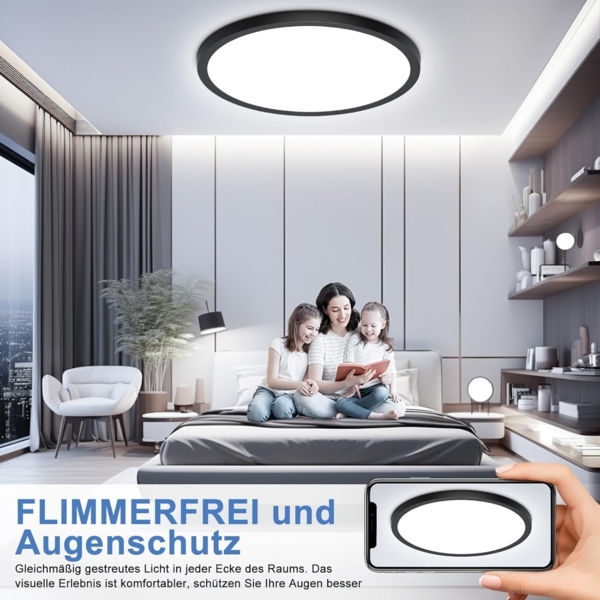 Deckenlampe Schwarz LED Deckenleuchte Flach, Ø30CM 24W 2400LM Lampe Decke Wohnzimmerlampe IP44 Kaltweiß 6500K Modern Küchenlampe für Wohnzimmer Schlafzimmer Badezimmer Kinderzimmer Balkon Flur Keller Bild 4