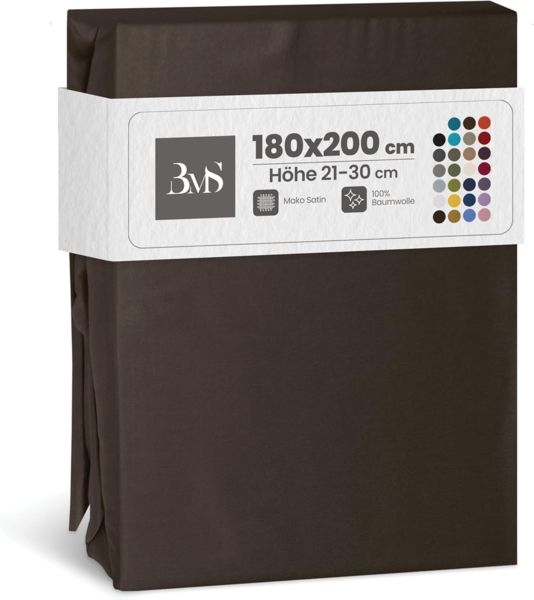 Bettwaesche-mit-Stil Mako-Satin Spannbettlaken Espresso Braun 180x200cm Höhe 21-30cm