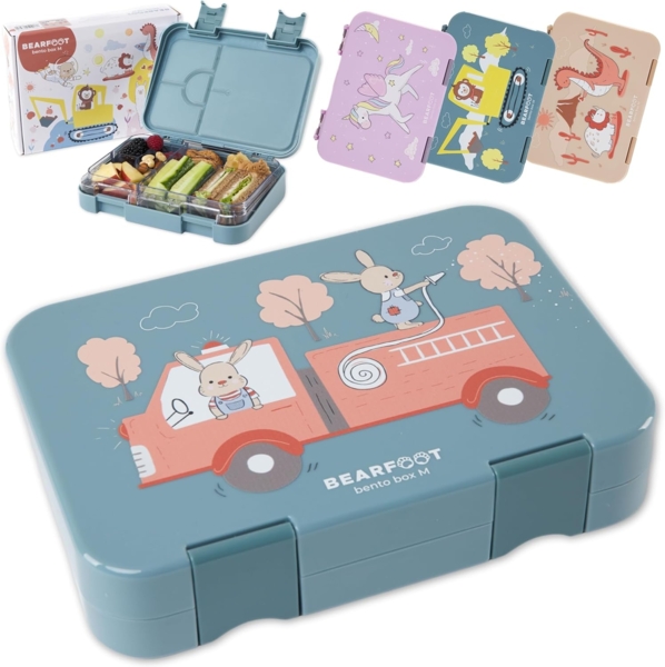 BEARFOOT Lunchbox Brotdose Kinder mit Fächern, Lunchbox, Bento box - Feuerwehr, handgezeichnete Designs, modular