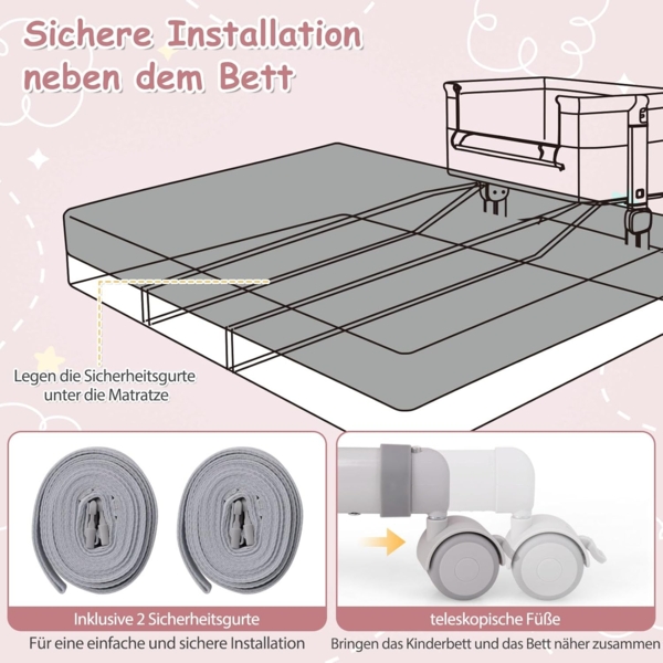 FANTASK 3 in 1 Beistellbett mit Matratze, Mobiles Baby Bett 6 Fach höhenverstellbar, tragbarer Reisebett Baby mit Aufbewahrungskorb & Tragetasche für Baby bis 6 Monaten (Rosa) Bild 6