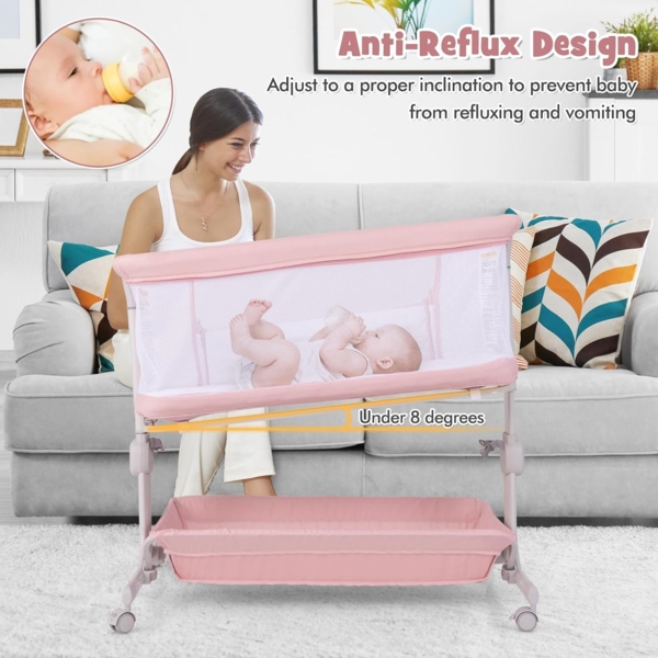 FANTASK 3 in 1 Beistellbett mit Matratze, Mobiles Baby Bett 6 Fach höhenverstellbar, tragbarer Reisebett Baby mit Aufbewahrungskorb & Tragetasche für Baby bis 6 Monaten (Rosa) Bild 5