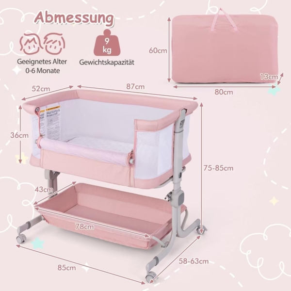 FANTASK 3 in 1 Beistellbett mit Matratze, Mobiles Baby Bett 6 Fach höhenverstellbar, tragbarer Reisebett Baby mit Aufbewahrungskorb & Tragetasche für Baby bis 6 Monaten (Rosa) Bild 9