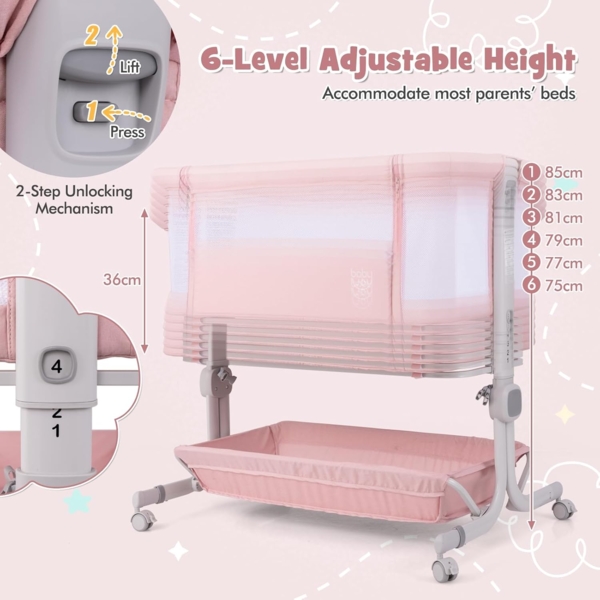 FANTASK 3 in 1 Beistellbett mit Matratze, Mobiles Baby Bett 6 Fach höhenverstellbar, tragbarer Reisebett Baby mit Aufbewahrungskorb & Tragetasche für Baby bis 6 Monaten (Rosa) Bild 4