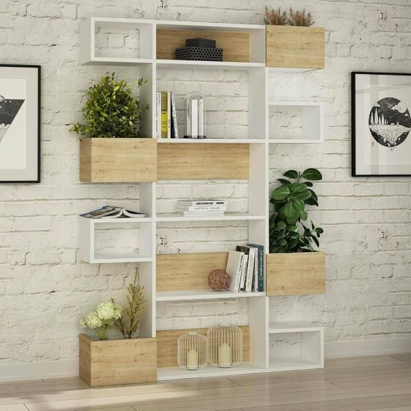 Dmora - Bücherregal Thetis, Büroregal, Mobiler Buchhalter, Bücherbrett, 120x25h171 cm, Weiß und Eiche