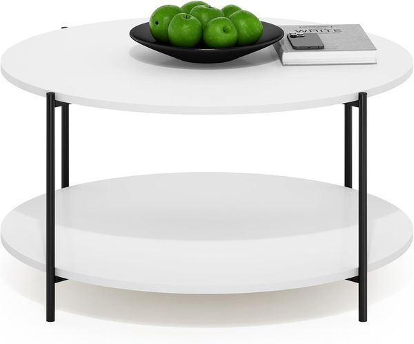 Furinno Besi 2-stufiger moderner runder Couchtisch mit stabilen Metallbeinen, Weiß/Schwarz