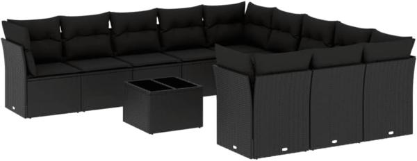 vidaXL 12-tlg. Garten-Sofagarnitur mit Kissen Schwarz Poly Rattan 3218415
