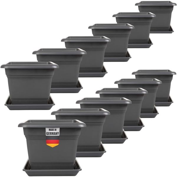 SUSTANIA Blumentopf Tomatentopf mit Untersetzer (12er Set 28x28 cm), Anthrazit Pflanztopf eckig