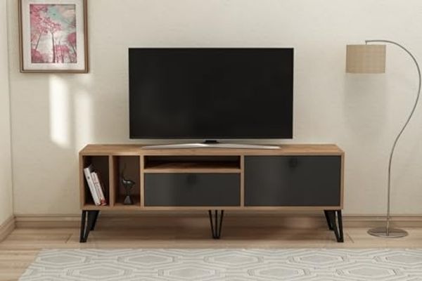 Hanah Home Stylish TV Stand, Atlantic Pine & Black, 150 x 53 x 35 cm | 100% Melamine Coated Particle Board, 18 mm Thick | Modern Design for Living Room