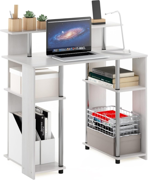 Furinno Jaya Computerschreibtisch im schlichten Design, Weiße Eiche, Edelstahlrohre