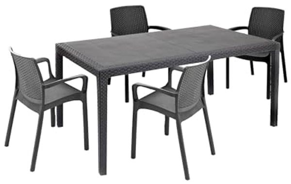 Dmora - Outdoor Lounge Set Tarquinia, Outdoor und Indoor Lounge Set, Feststehender rechteckiger Tisch mit 4 stapelbaren Stühlen, Made in Italy, Anthrazit
