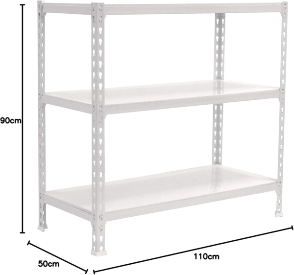 Simon Rack Schwerlastregal, 900 x 1100 x 500 mm, Bis 200 kg Belastbar, 3 Verstellbare Ablagen, Kellerregal, Lagerregal, Weiss - Simonclick Bild 7