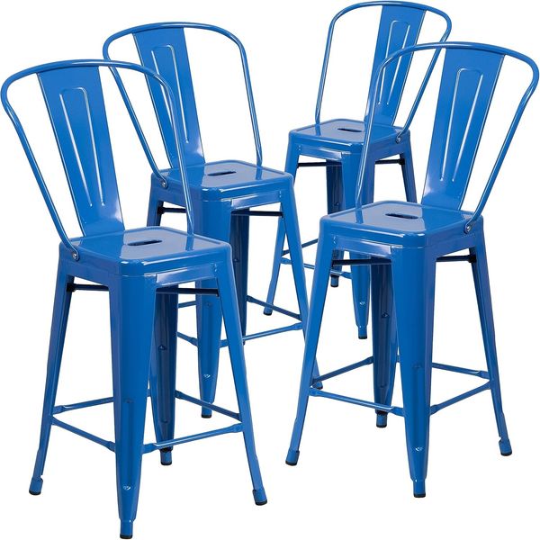 Flash Furniture Commercial Grade 4 Pack 61 cm High Metall Indoor Outdoor Hocker mit Rückenlehne, Kunststoff, verzinkter Stahl, blau, 4 Stück