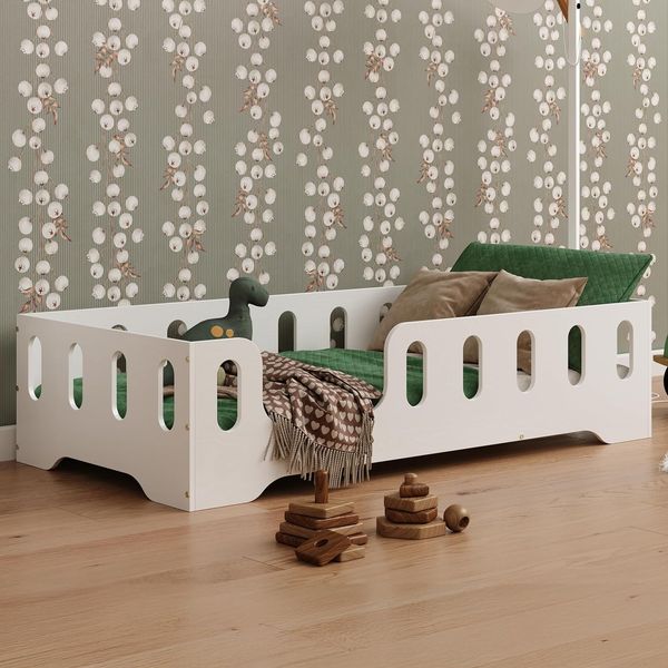 smartwood Kinderbett Bodenbett 140x200 mit Rausfallschutz & Lattenrost - Weiß - Kinder Montessori Bett TILA 2L mit glatten Kanten - Betten für schnelle Montage - Bis 300 kg belastbar