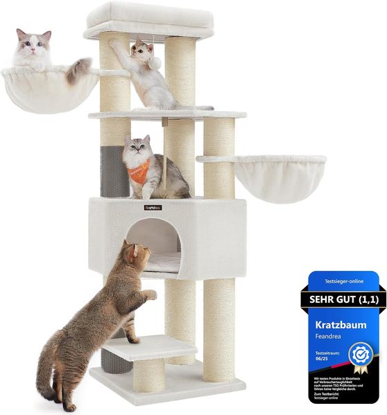 Feandrea Kratzbaum, mit selbstwärmenden Decken, für große Katze, Katzenbaum, 2 Katzenbürsten, 11,1 cm d Dicke Stämme, große Plattformen, Höhle, 50 x 50 x 160 cm, cremeweiß-beige PCT003W02