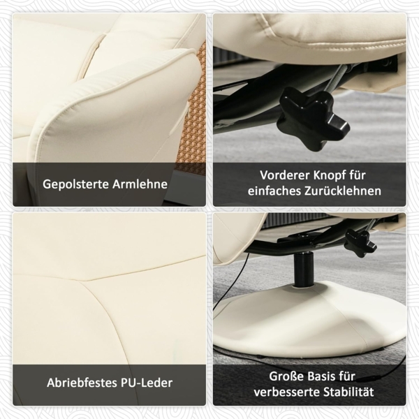 HOMCOM Massagesessel mit Fußhocker, Liegefunktion, 10 Massagepunkte (Relaxsessel, 2-St, Fernsehsessel), mit Seitentasche, Fernbedienung, Kunstleder, Cremeweiß Bild 5