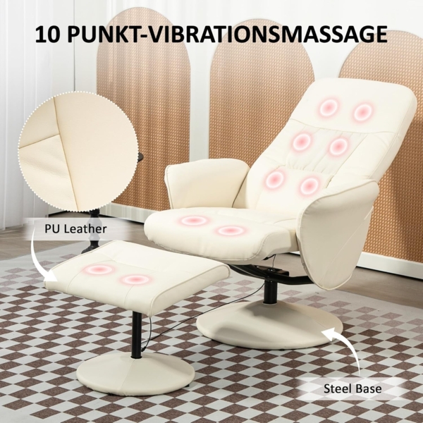 HOMCOM Massagesessel mit Fußhocker, Liegefunktion, 10 Massagepunkte (Relaxsessel, 2-St, Fernsehsessel), mit Seitentasche, Fernbedienung, Kunstleder, Cremeweiß Bild 4