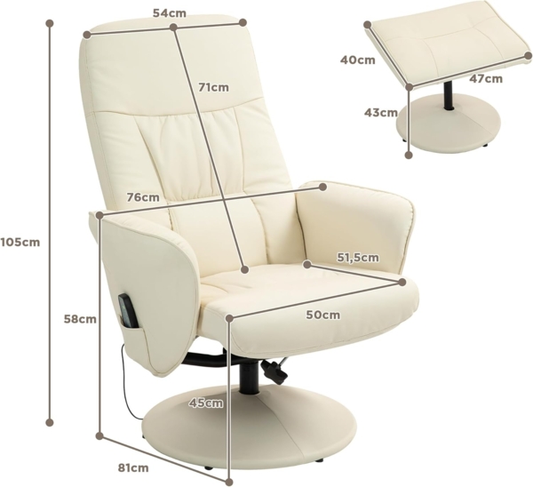 HOMCOM Massagesessel mit Fußhocker, Liegefunktion, 10 Massagepunkte (Relaxsessel, 2-St, Fernsehsessel), mit Seitentasche, Fernbedienung, Kunstleder, Cremeweiß Bild 3