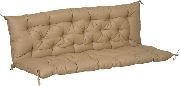 Outsunny 3 Sitzer Bankauflage 150 x 98 x 8 cm, Bankkissen mit Bändern, Sitzkissen, Outdoor/Indoor Stuhlkissen, Sitzauflage, Sitzpolster für Gartenmöbel, Fensterbank Sitzbank, Hollywoodschaukel, Khaki