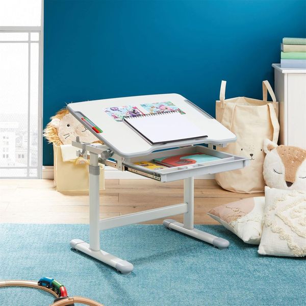 CARO-Möbel Kinderschreibtisch VITA, Kinderzimmer Schreibtisch neigbar Schublade & Rucksackhalterung grau