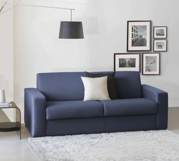 Talamo Italia - 3-Sitzer festes Sofa Mara, Wohnzimmersofa aus gepolstertem Stoff, schmale Armlehnen, 100 % Made in Italy, 200 x 95 x 90 cm, Blau