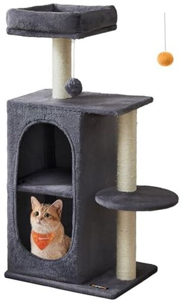 Feandrea Kratzbaum klein, Katzenbaum mit 2 Höhlen, Kratzstämme, für Mehrkatzenhaushalte, Kätzchen, dunkelgrau