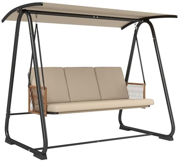 Outsunny Hollywoodschaukel mit verstellbar Sonnendach, abnehmbar Sitzauflage, 3-Sitzer, verstellbares Dach, Gartenschaukel, 1 tlg, Schaukelbank, 203x121x165cm Sand