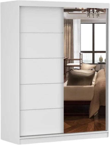 Schiebetürenschrank, eleganter Kleiderschrank Schrank Garderobe Spiegel Vista 05, Schlafzimmer- Wohnzimmerschrank Schiebetüren Modern Design (Weiß/Weiß)