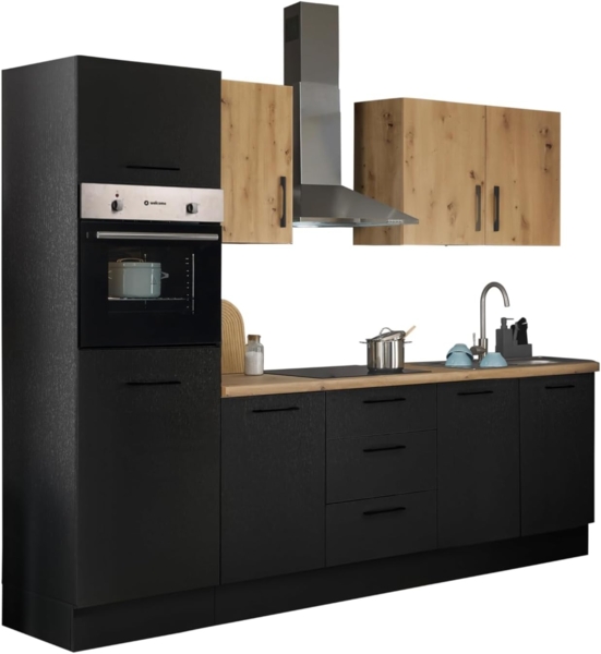 Stella Trading Turin ZB Küchenzeile 270 x 211 x 60 cm, schwarz - Ohne Küchengeräte - Moderne, geräumige Küche in Artisan-Eiche Optik mit viel Stauraum