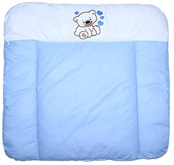 Wickelauflage mit Applikation - Bärchen mit Herzen Blau - Wickeltischauflage Baby Auflage (70x50 cm)