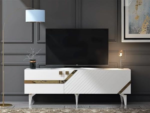 Hanah Home Elegant TV Stand, White & Gold, 150 x 49 x 30 cm | 100% Melamine Coated Particle Board, 18 mm Thick | Stylish Storage for Modern Living Rooms