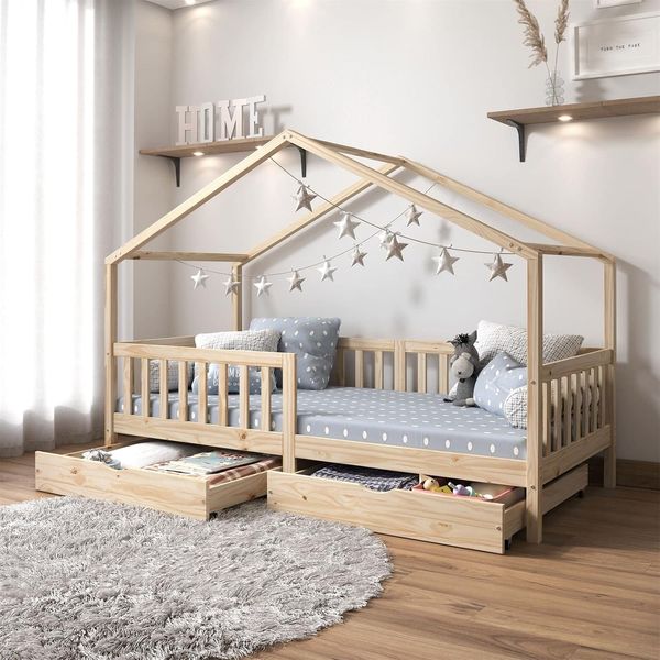IDIMEX Kinderbett ELEA, Hausbett Montessori Bett Kinderbett Tipibett 90x200 Kiefer Schublad