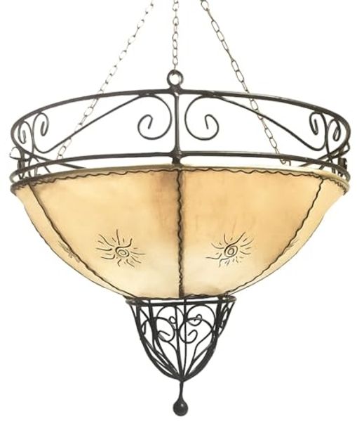 Marrakesch Orient & Mediterran Interior Pendelleuchte Hängeleuchte Demren Natur 45cm aus Leder, Pendellampe Handgefertigt, Handarbeit
