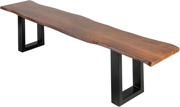 SAM Sitzbank 200x42 cm Quintus, Akazien-Holz nussbaumfarben, schwarz lackierte Metallbeine, Bank mit echter Baumkante, Massive Holzbank