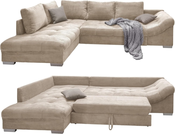 luma-home Ecksofa 17204, mit Bettfunktion 298x202 cm, Wellenunterfederung, Ottomane links, Bezug Cord Beige