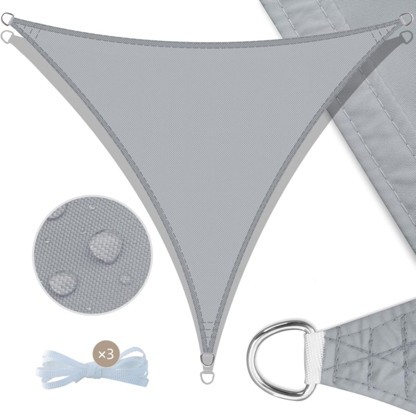 UMI Sonnensegel Wasserdicht 3 x 3 x 3 m Dreieckig Sonnenschutz Wetterschutz PES Polyester Segel Baldachin 95% UV Schutz mit Seilen für Garten Balkon Terrasse- Hellgrau Bild 2