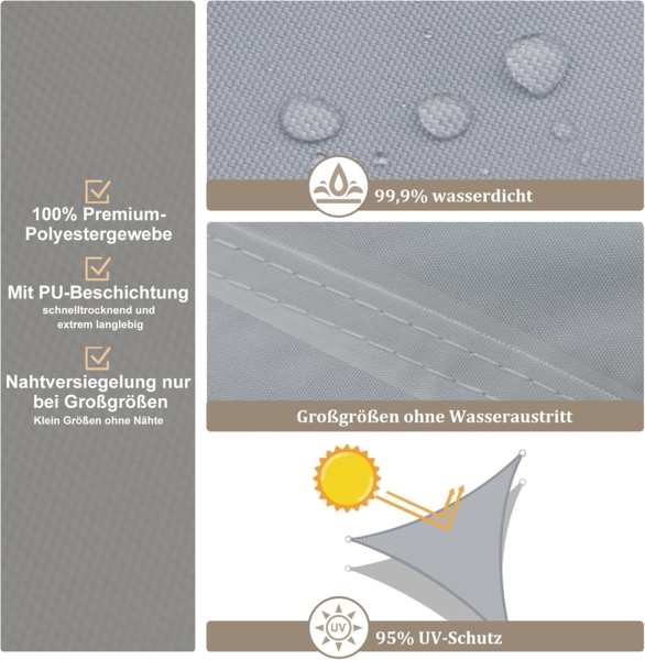 UMI Sonnensegel Wasserdicht 3 x 3 x 3 m Dreieckig Sonnenschutz Wetterschutz PES Polyester Segel Baldachin 95% UV Schutz mit Seilen für Garten Balkon Terrasse- Hellgrau Bild 4