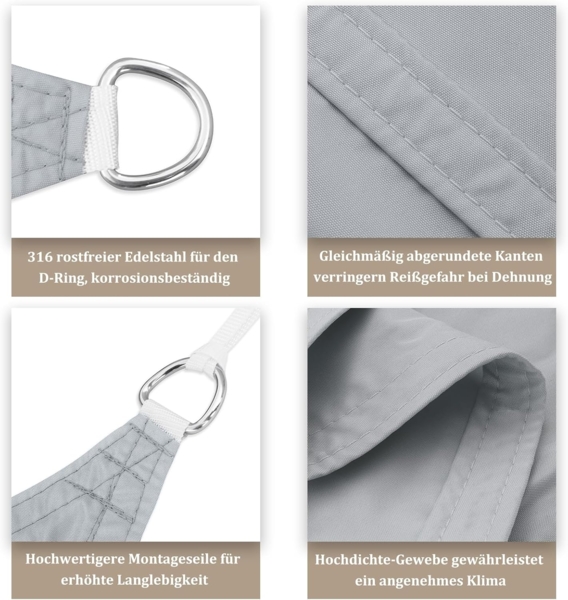 UMI Sonnensegel Wasserdicht 3 x 3 x 3 m Dreieckig Sonnenschutz Wetterschutz PES Polyester Segel Baldachin 95% UV Schutz mit Seilen für Garten Balkon Terrasse- Hellgrau Bild 3