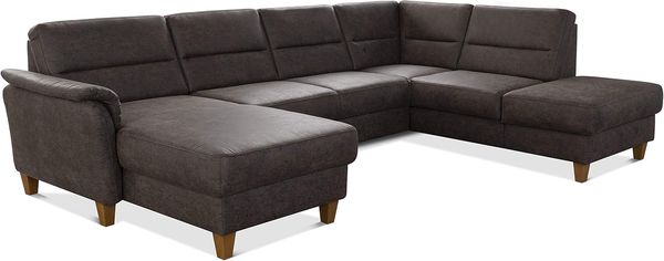 CAVADORE Wohnlandschaft Palera / U-Form Sofa mit Schlaffunktion, Stauraum und Federkern / 314 x 89 x 212 / Mikrofaser in Lederoptik, Braun
