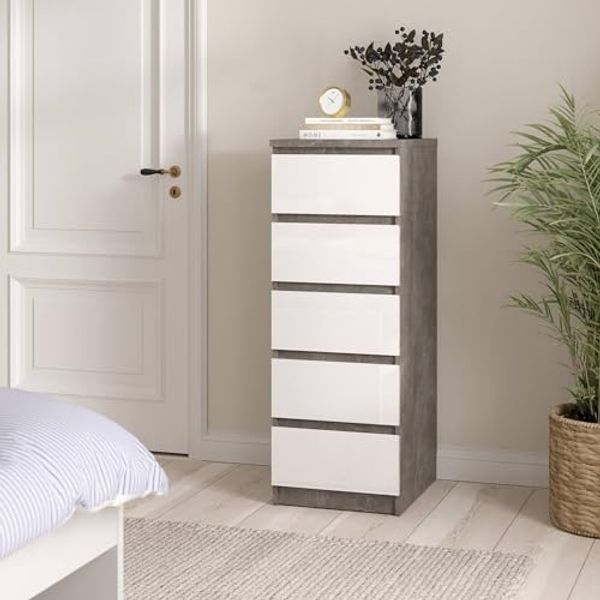 Dmora - Kommode Joelle, Mehrzweckkommode, Schlafzimmerkommode, Schrank mit Schubladen, 50x40 h111 cm, Zement und Weiß